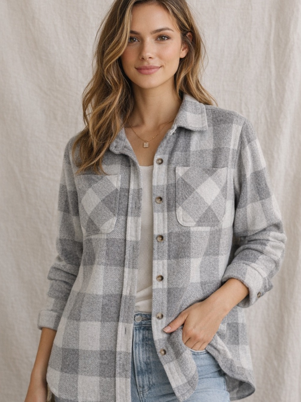 BeachLunchLounge Gray Buffalo Plaid Shacket Button Down Cozy Shirt Jacket S